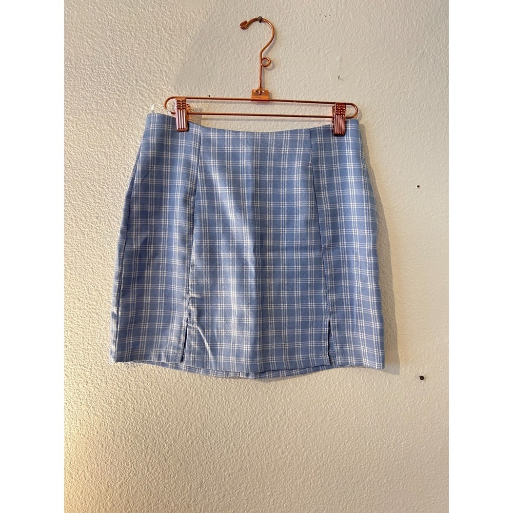 Shein Womens‎ Blue Plaid Mini Skirt sz S Uniform Old Money 90s Spring Slit Soft